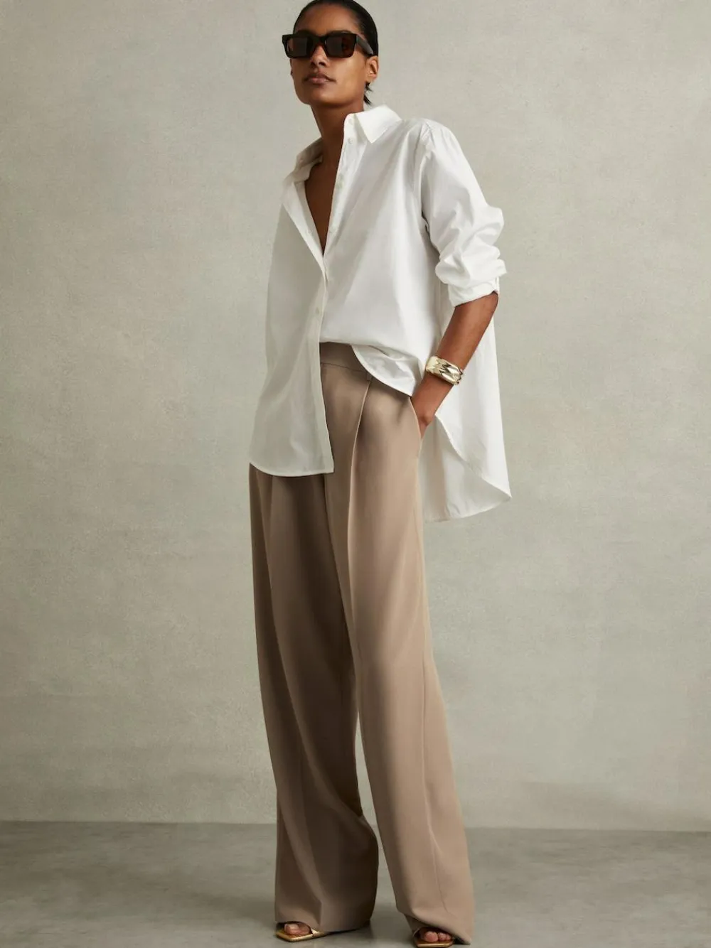 New Reiss Eden Elasticated-Waist Wide-Leg Twill Trousers Mink Neutral