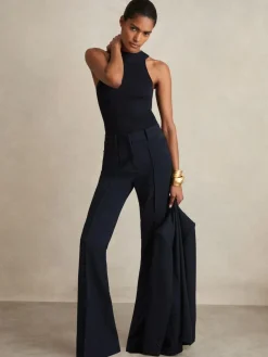 Reiss Gabi Petite Flared Suit Trousers Navy