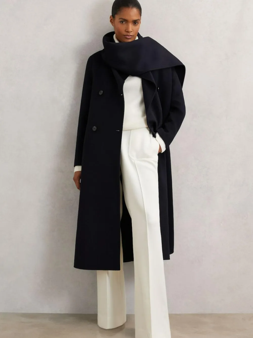 New Reiss Indira Wool-Blend Scarf Blindseam Coat Navy