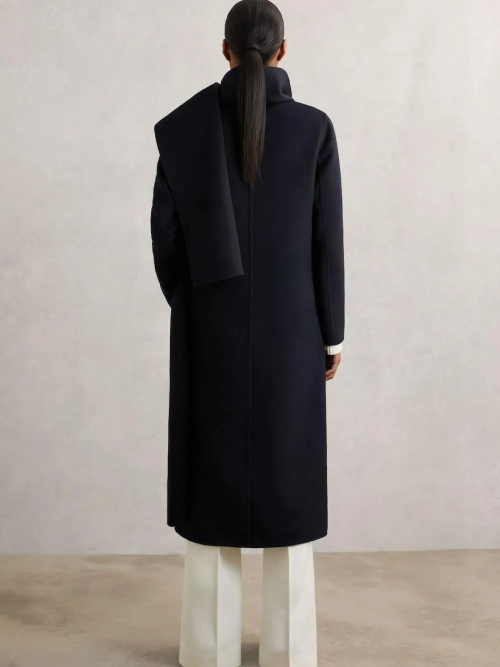 New Reiss Indira Wool-Blend Scarf Blindseam Coat Navy