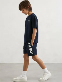 Reiss Navy Terek 3-9 yrs Cotton Logo-Print Drawstring Shorts