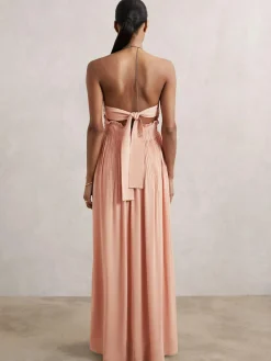 Reiss Pink Vinnie Ring-Detail Halterneck Maxi Dress