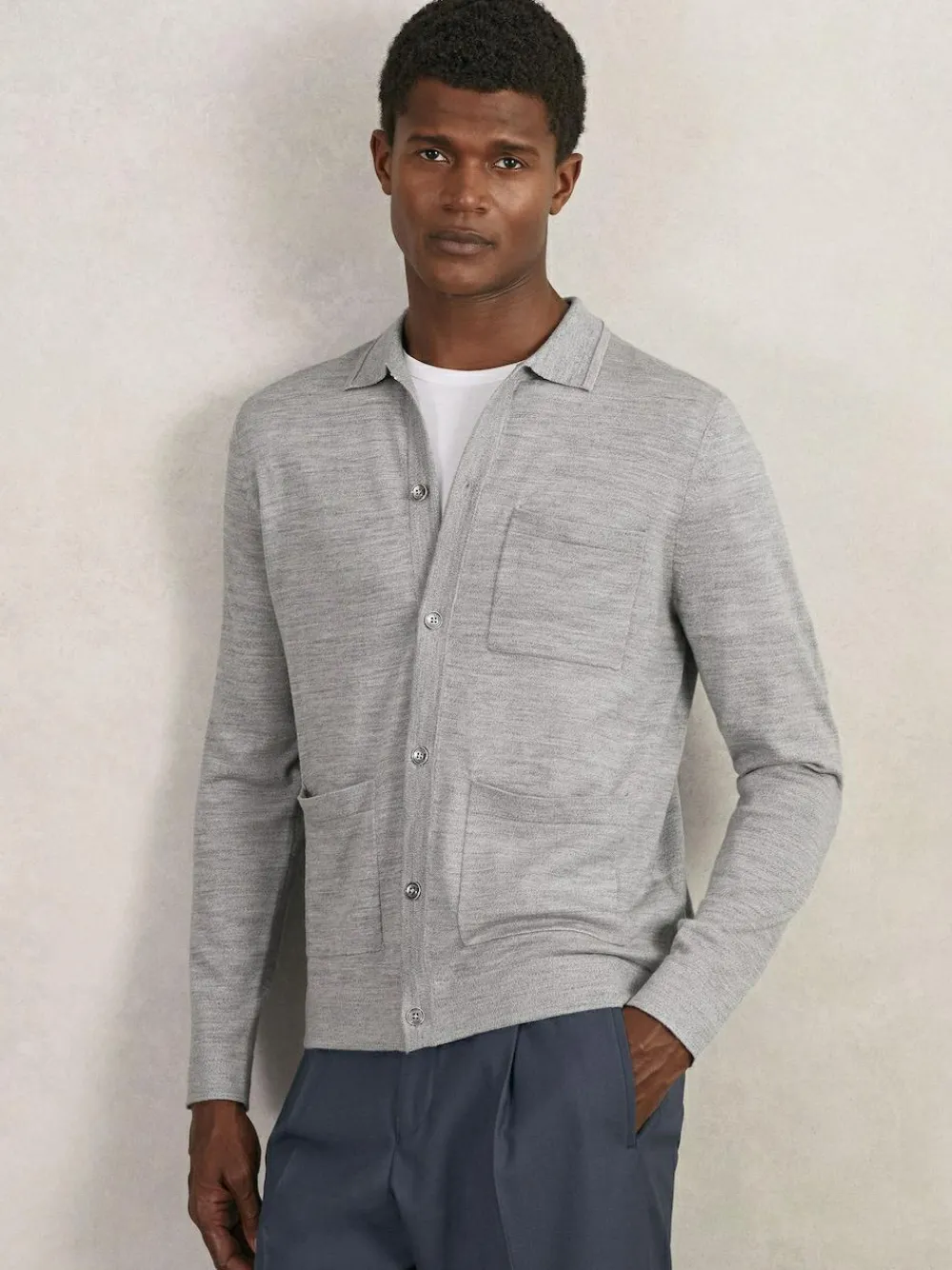 Outlet Reiss Munich Merino Wool Button-Through Shirt Soft Grey Mouline
