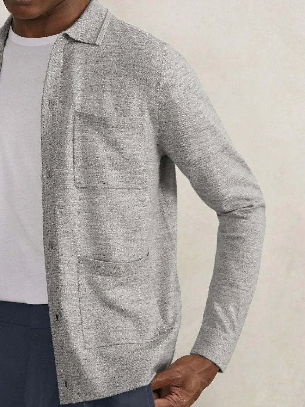 Outlet Reiss Munich Merino Wool Button-Through Shirt Soft Grey Mouline