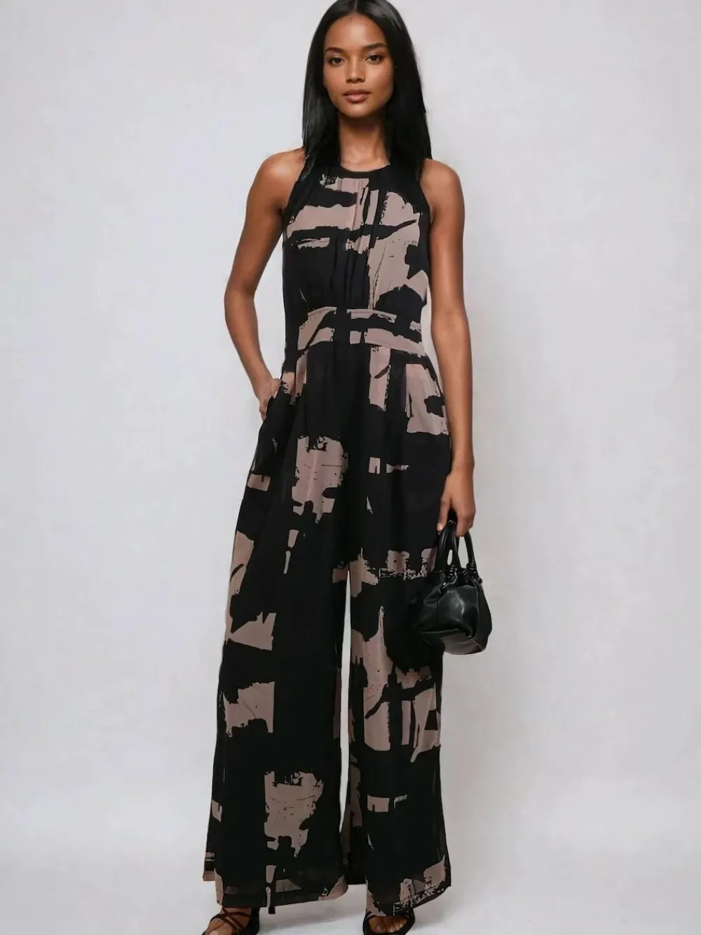 Discount Religion Crew Wide Leg Jumpsuit in Abstract Façade Print Black