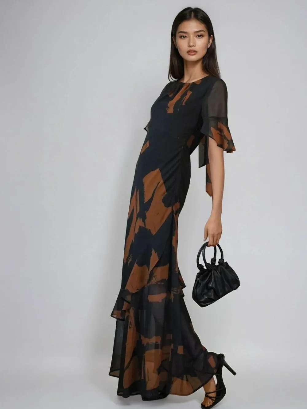 Clearance Religion Black Sophisticated Liv Maxi dress with delicate frills in abstract print