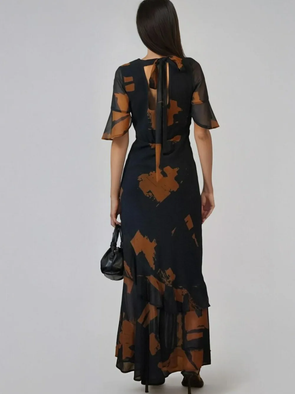 Clearance Religion Black Sophisticated Liv Maxi dress with delicate frills in abstract print