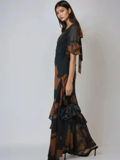 Clearance Religion Black Sophisticated Liv Maxi dress with delicate frills in abstract print