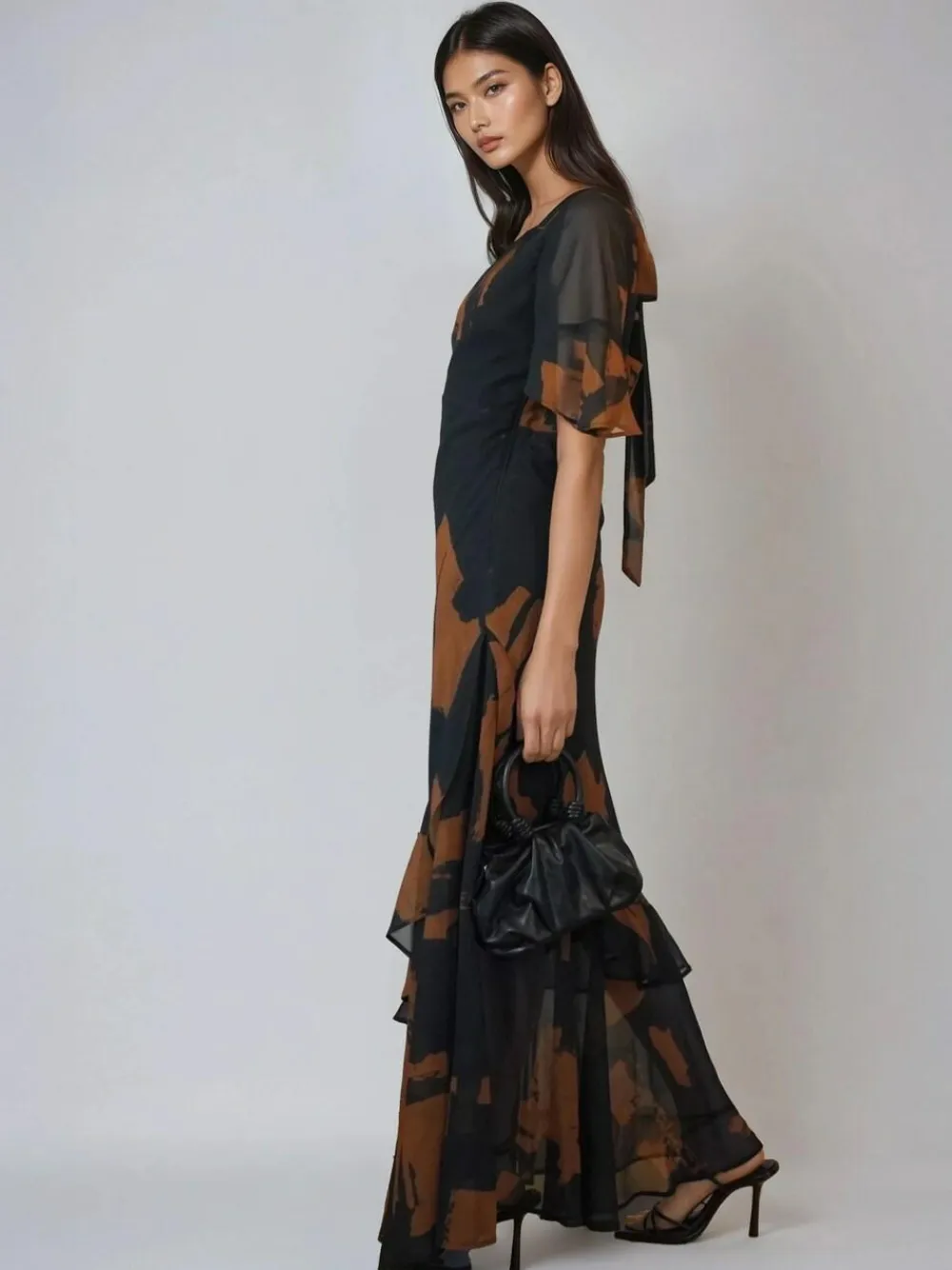 Clearance Religion Black Sophisticated Liv Maxi dress with delicate frills in abstract print