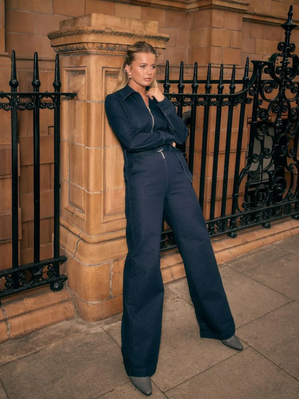 Discount Next Rinse Blue Denim Belted Wide Leg Jumpsuit