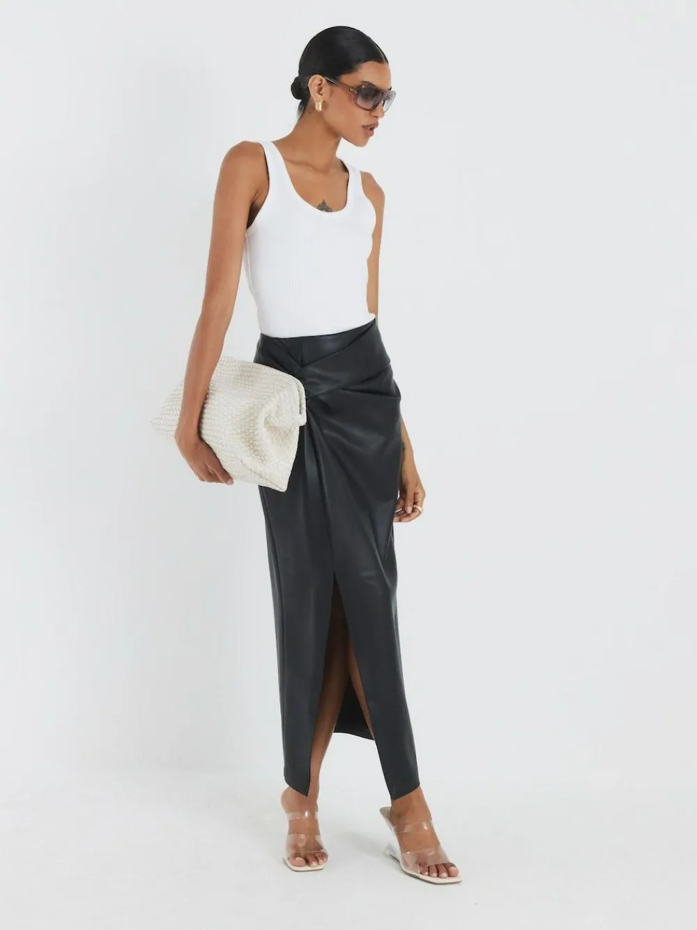River Island Black Faux Leather Twist Side Midi Skirt^Women Skirts