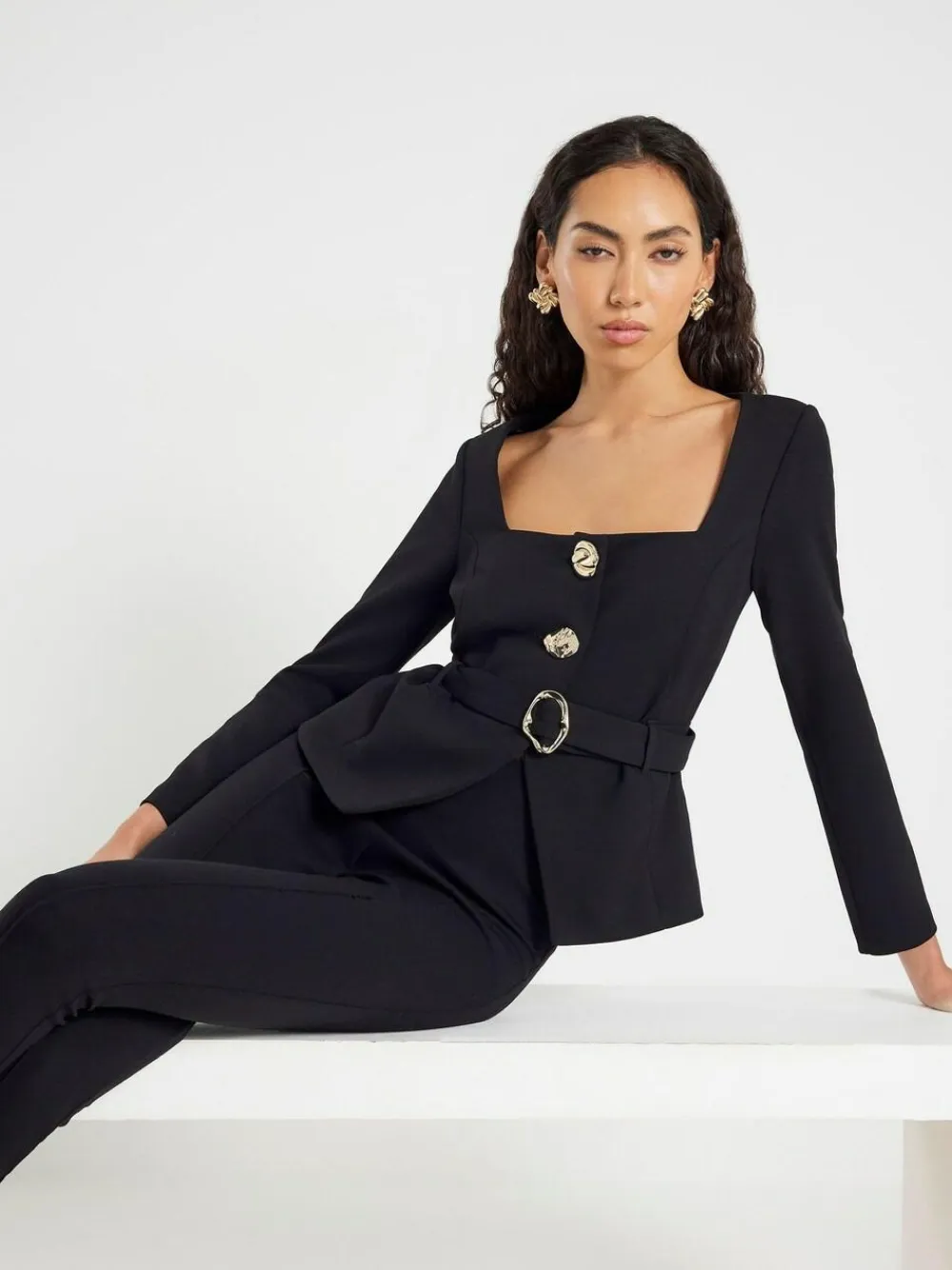 Online River Island Black Long Sleeve Belted Button Detail Blazer