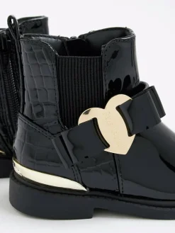 River Island Black Patent Heart Bow Chelsea Boots^ Baby Boots|Boots