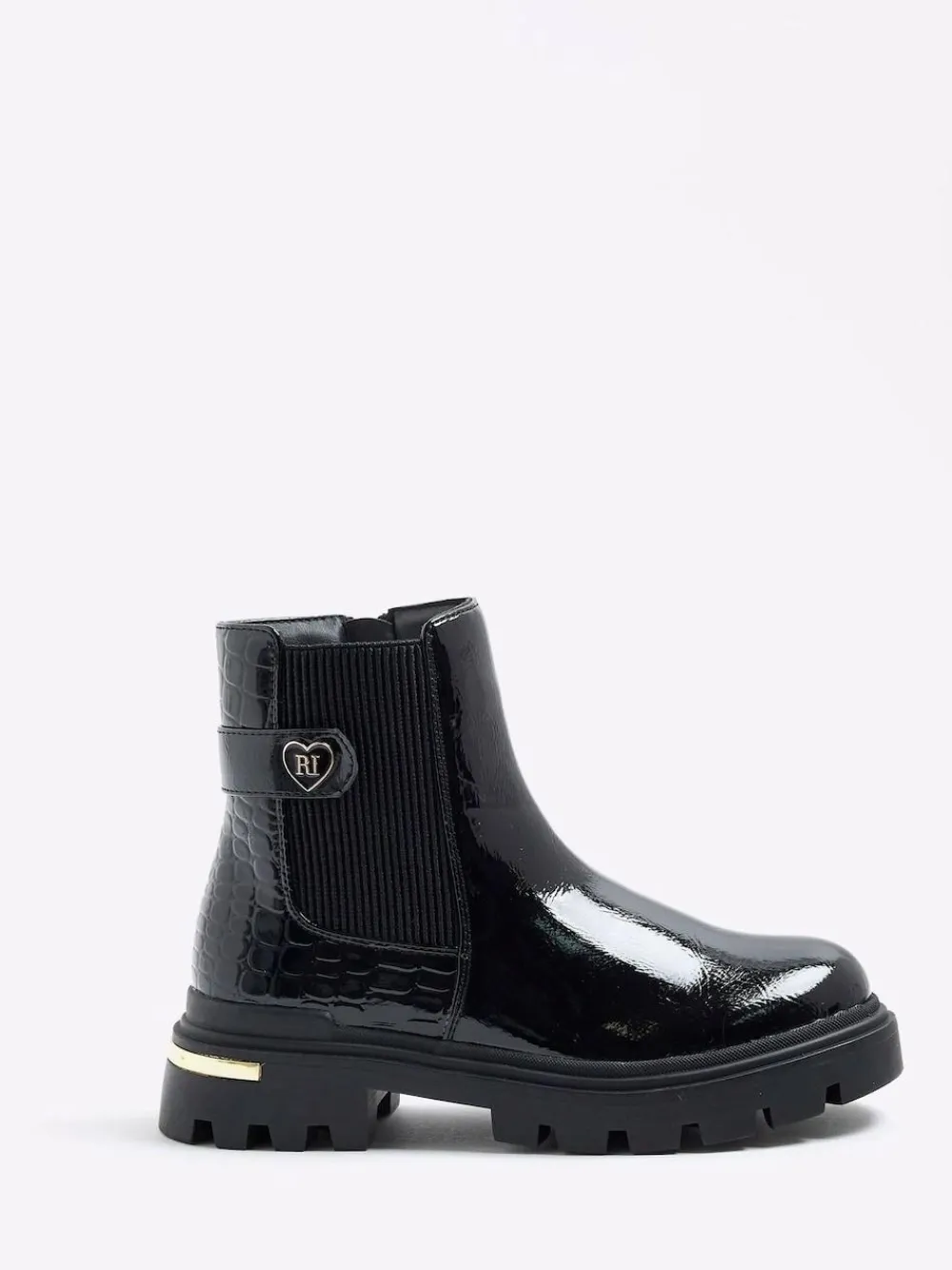 River Island Black Patent Heart Strap Chelsea Boots^ Boots & Wellies