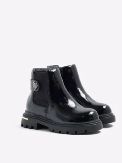 River Island Black Patent Heart Print Strap Chelsea Boots^ Baby Boots|Boots