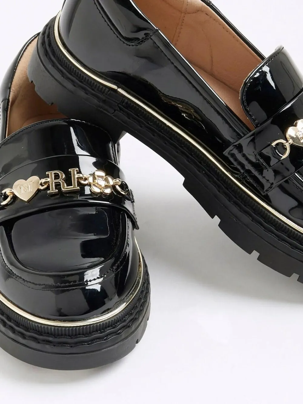 River Island Black Patent Flower Chain Loafers