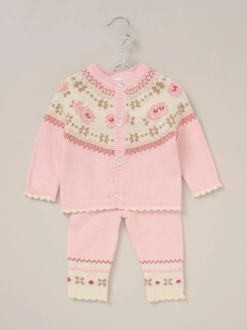 Rock-A-Bye Baby Boutique Pink True Knit Fairisle Pattern Cardigan And Trousers Outfit Set^ Knitwear & Sweaters|Knitwear