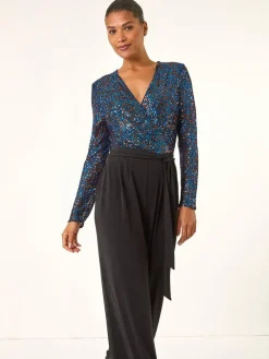 Roman Sequin Wrap V-Neck Stretch Jumpsuit^Women Jumpsuits & Playsuits