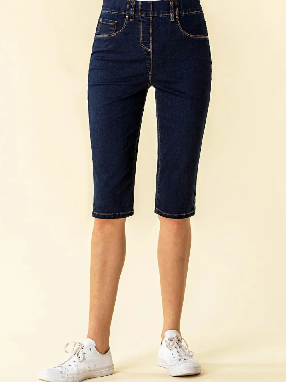 Outlet Roman Dark Blue Denim Stretch Knee Length Pedal Pusher Shorts