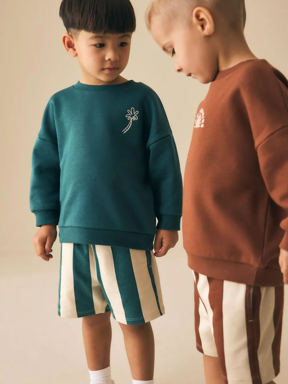 Next Rust Brown and Teal Crew Neck Sweatshirt and Shorts 2 Pack Set (3mths-7yrs)^BOY Sweatshirts & Hoodies|Sets & Outfits
