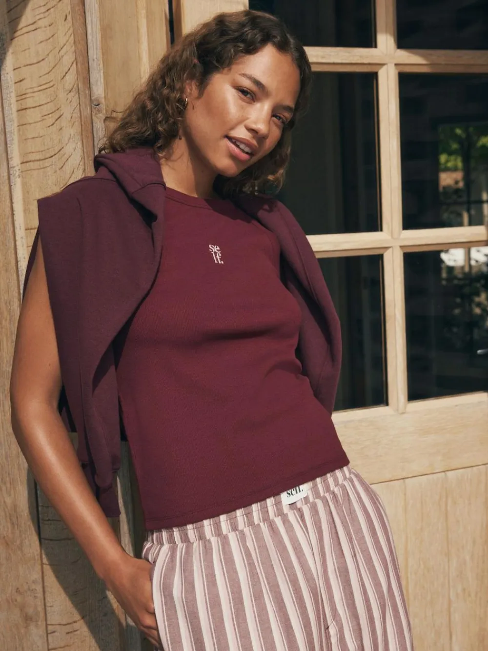 self. Burgundy Red Stripe Ribbed Vest Top and Long Leg Pyjamas Set^Women Pyjamas|All Night & Lounge