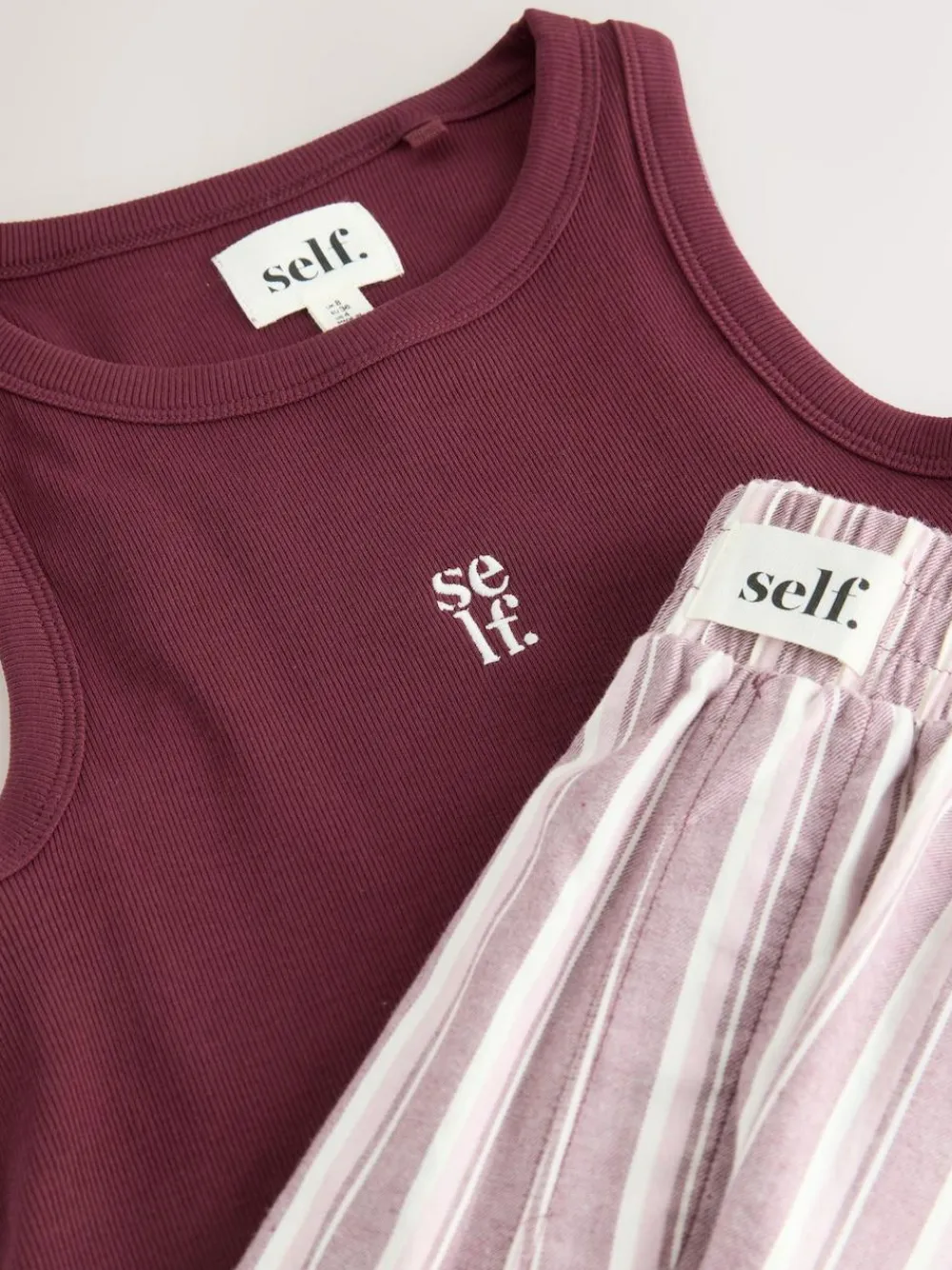 self. Burgundy Red Stripe Ribbed Vest Top and Long Leg Pyjamas Set^Women Pyjamas|All Night & Lounge