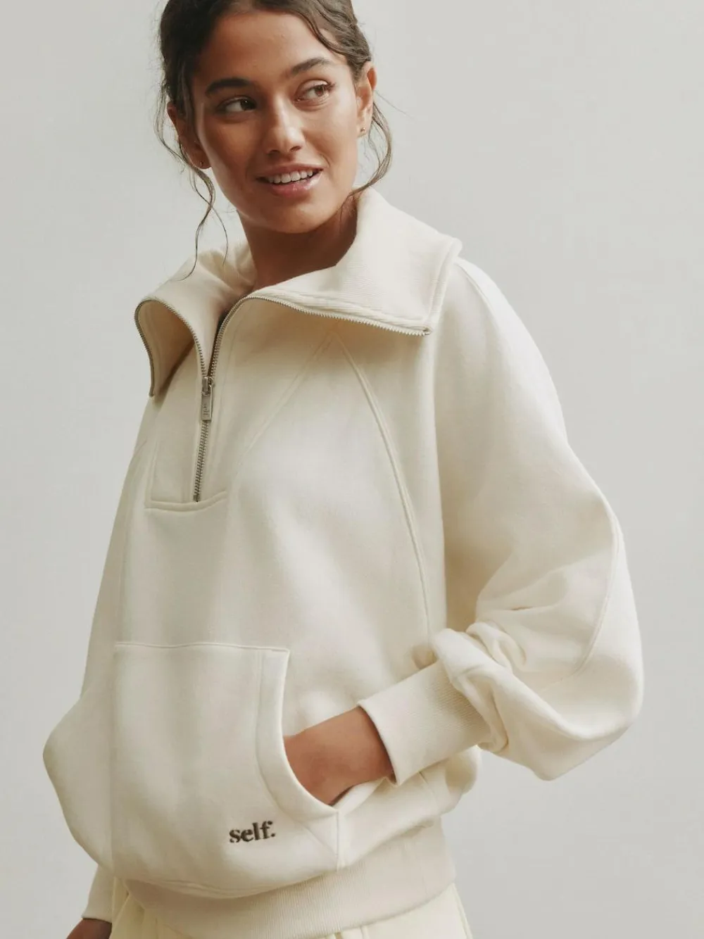New self. Ecru Half Zip Collar Sweatshirt