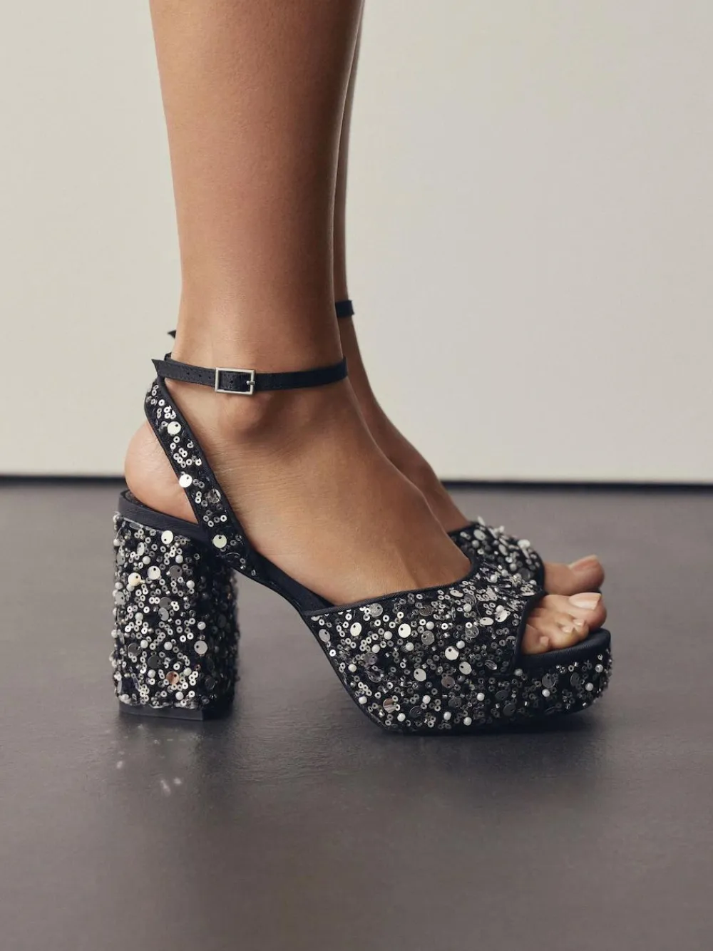 Hot Next Sequin Forever Comfort® Square Toe Sequin Block Heeled Sandals