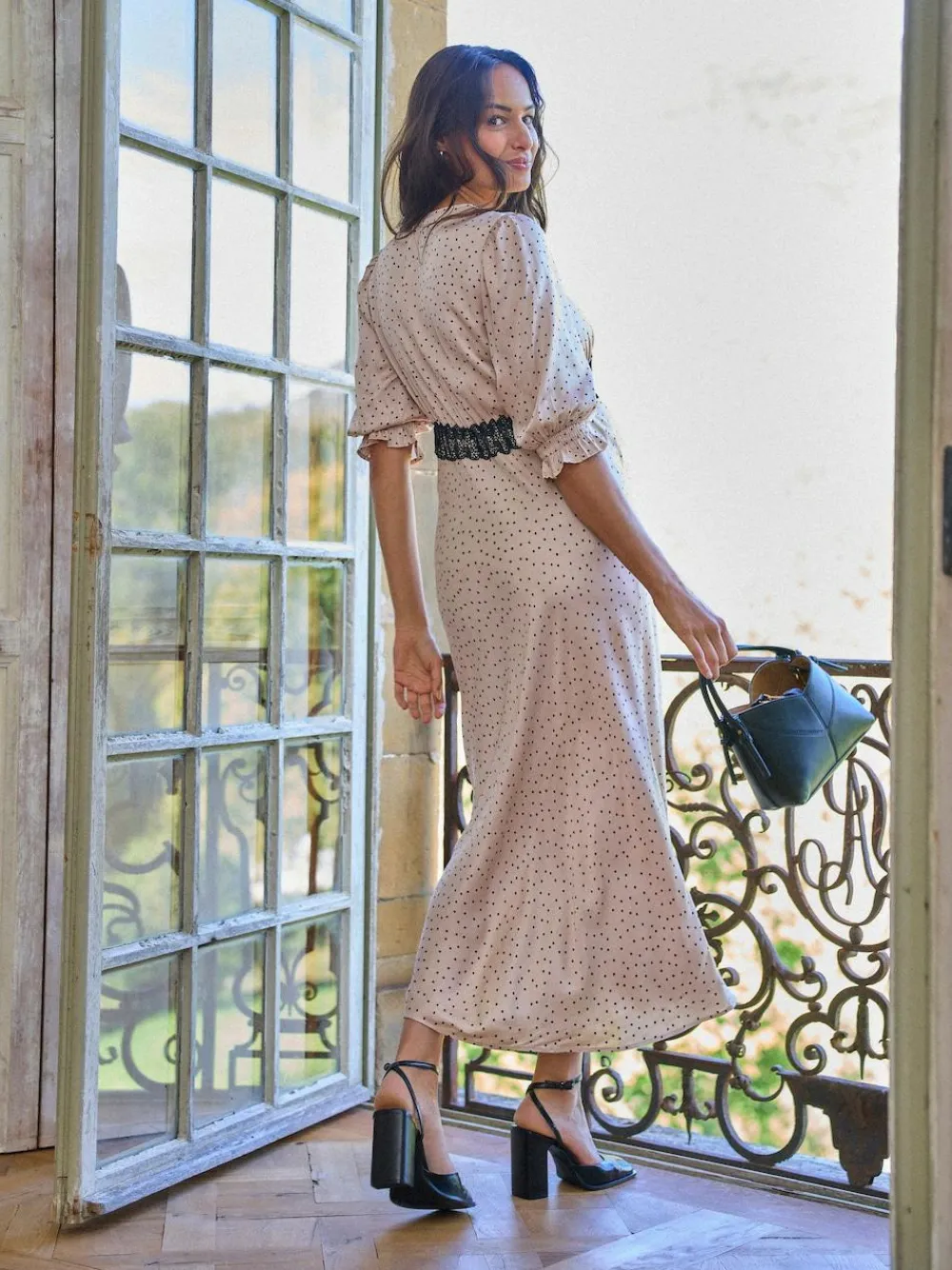 Clearance Seraphine Cream & Black Maternity Tea Dress With Lace Trim