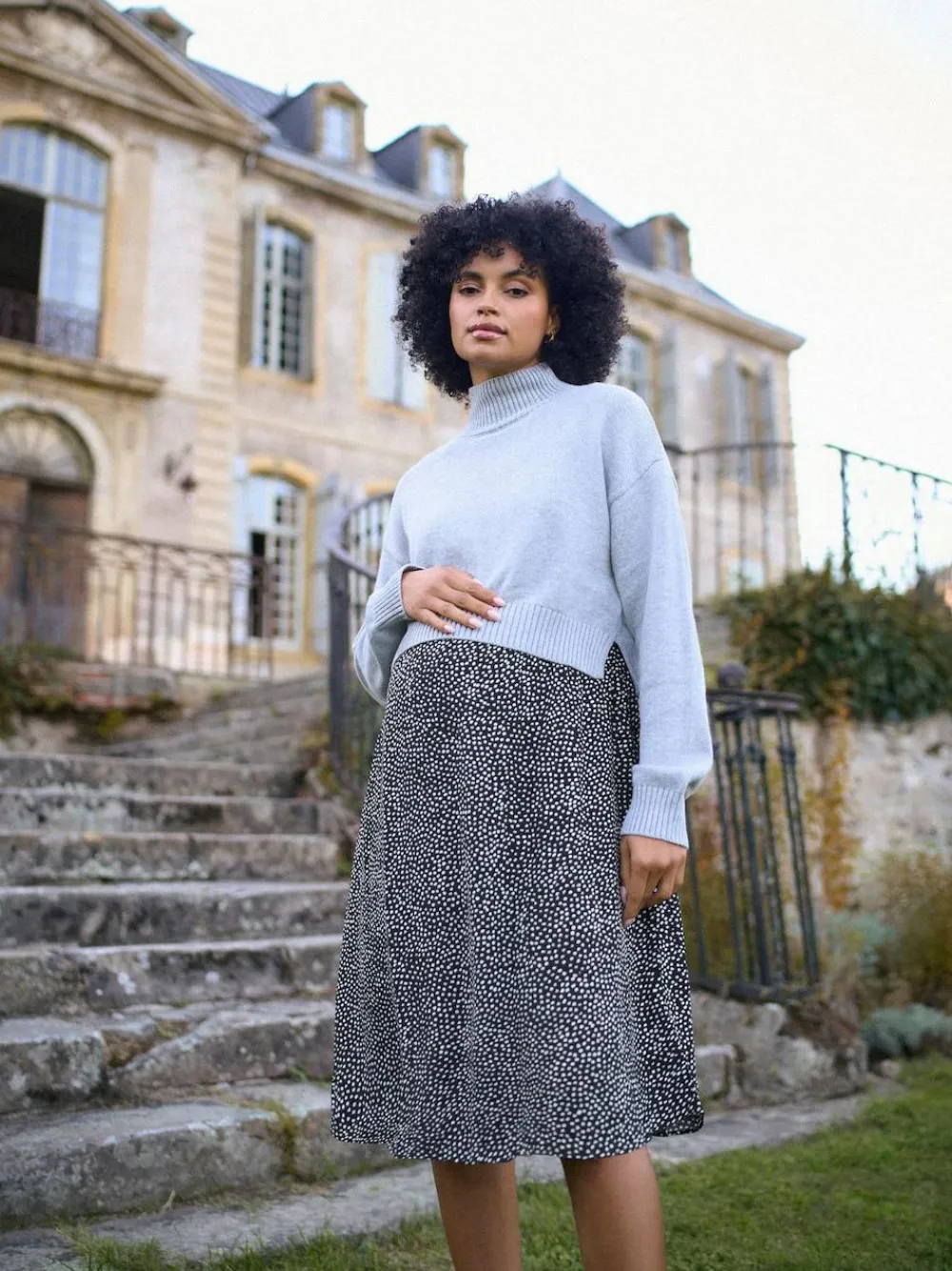 Sale Seraphine Grey Marl & Black Dot Maternity & Nursing Knit Top Dress