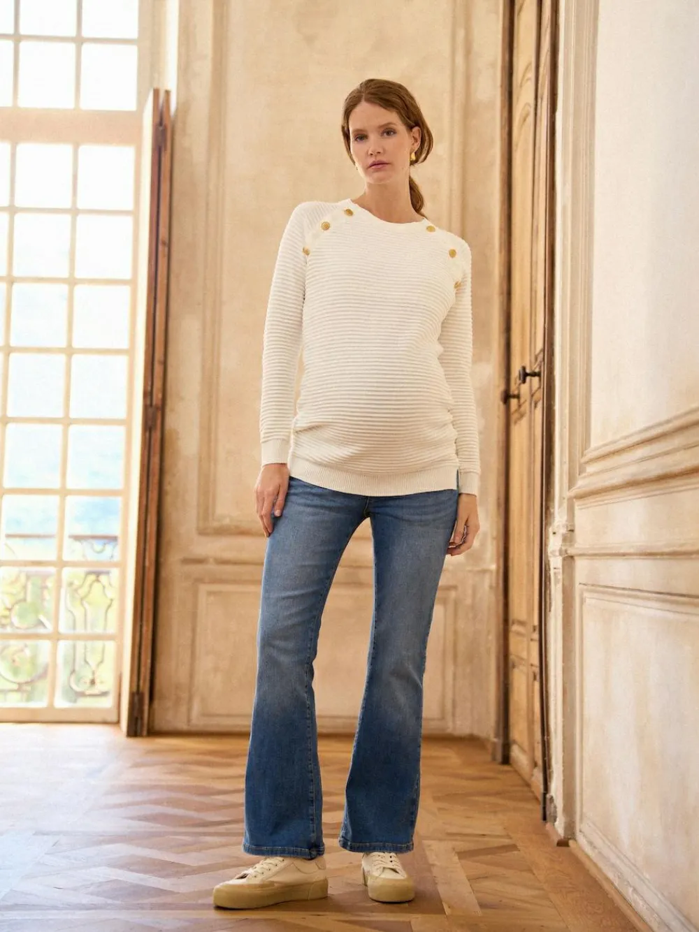 Clearance Seraphine Mid Blue Wash Premium Organic Maternity Overbump Flared Jeans