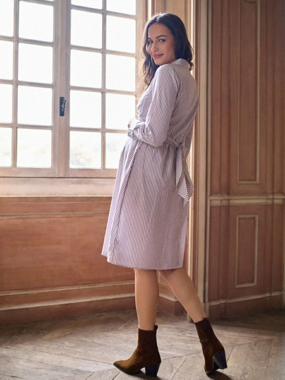 Sale Seraphine Taupe & White Stripe Maternity & Nursing Midi Wrap Shirt Dress