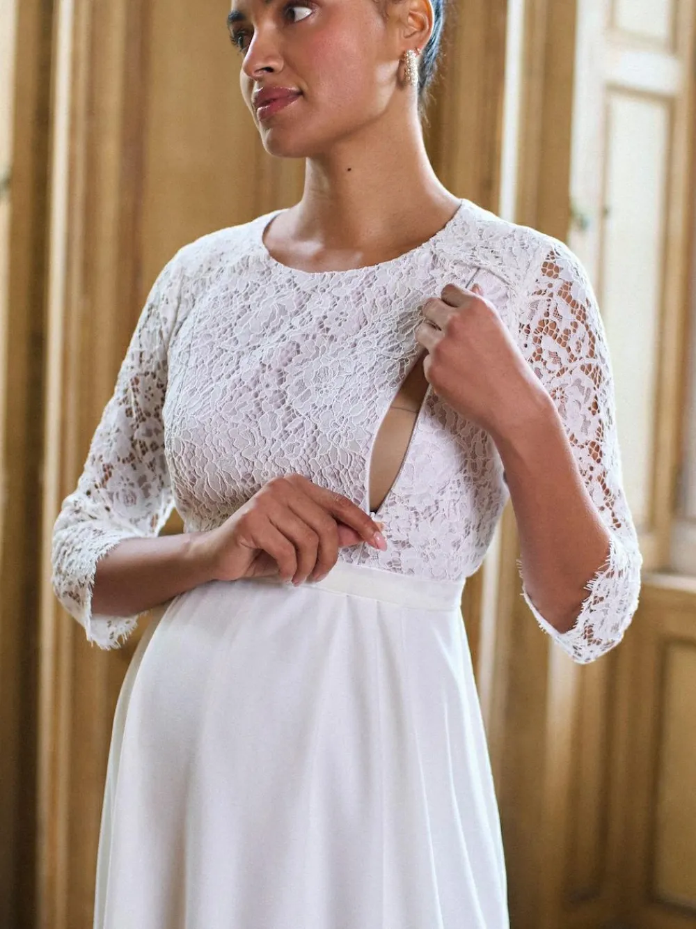 Seraphine White Ivory Premium Lace Bodice Maternity & Nursing Occasion Bridal Dress