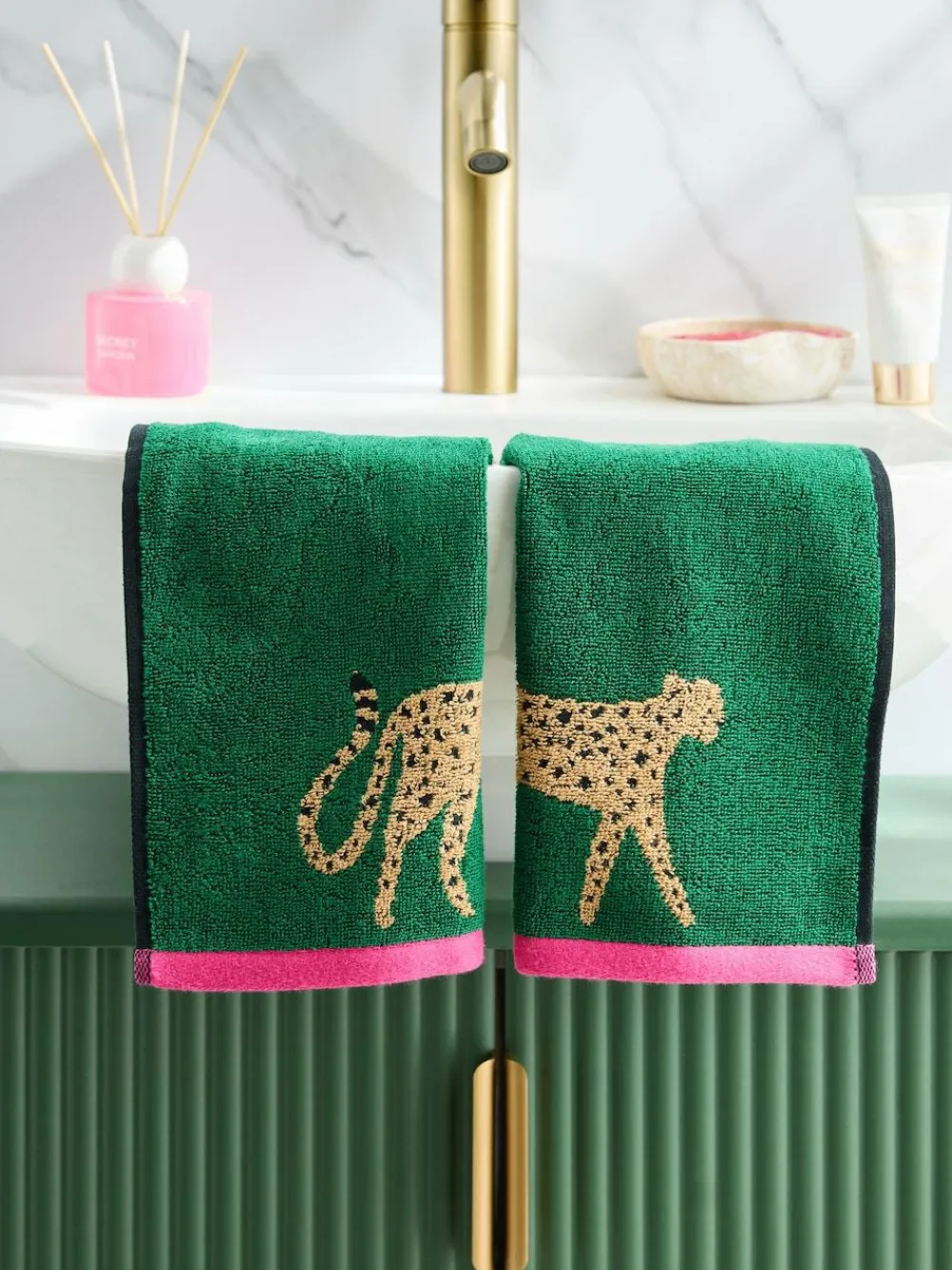 Sale Next Set of 2 Green Cheetah Print 100% Cotton Face Cloths