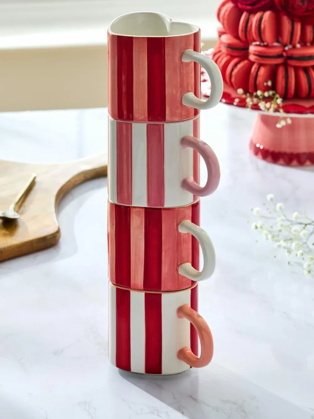 Discount Next Set of 4 Pink Stripe Heart Shaped Stacking Mugs