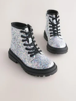 Clearance Next Silver Glitter Standard Fit (F) Warm Lined Lace-Up Ankle Boots