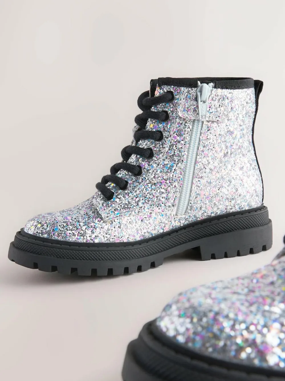 Clearance Next Silver Glitter Standard Fit (F) Warm Lined Lace-Up Ankle Boots