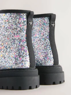 Clearance Next Silver Glitter Standard Fit (F) Warm Lined Lace-Up Ankle Boots