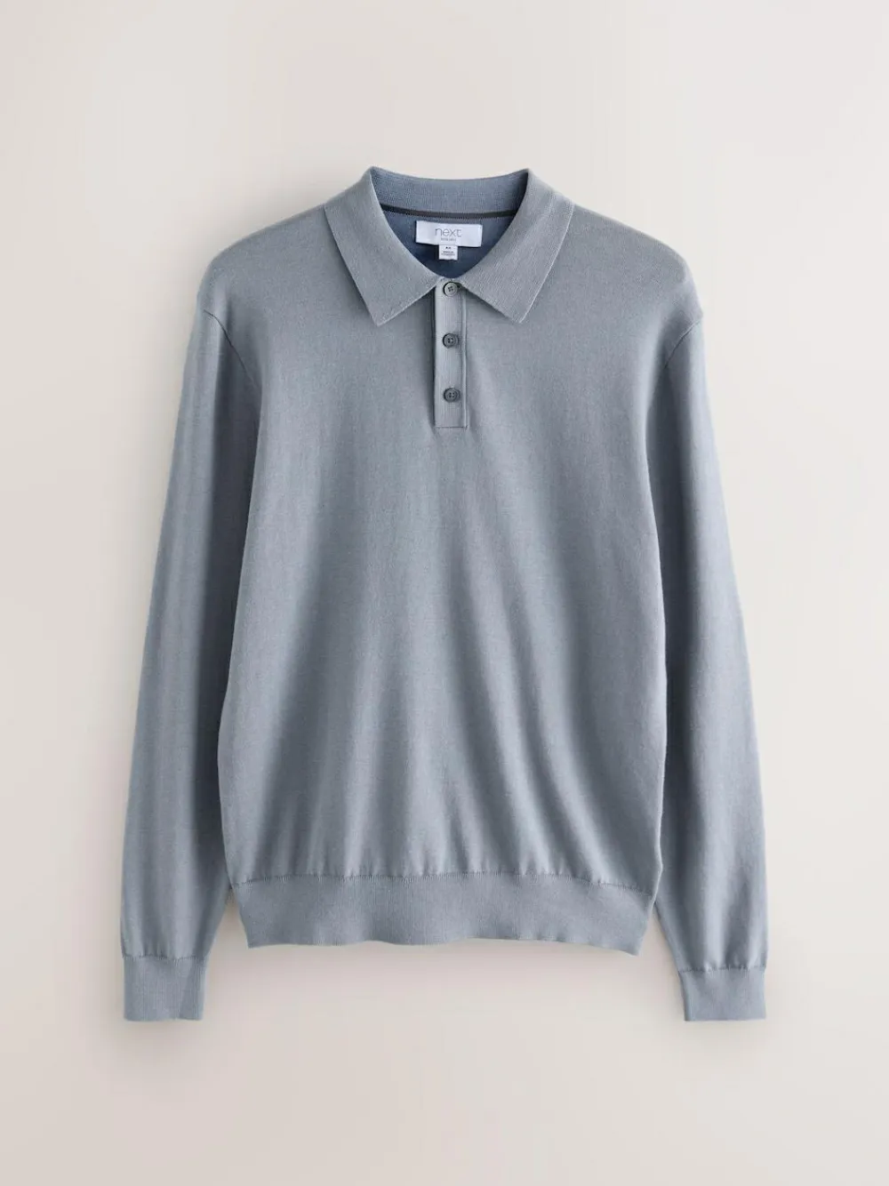 Online Next Slim Fit Cotton Rich Long Sleeve Knitted Polo Shirt Slate Blue