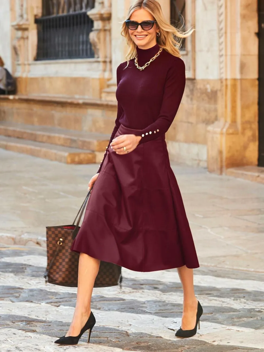 Sosandar Red Leather Look Panelled A-Line Midi Skirt^Women Skirts
