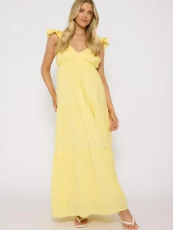 Best South Beach 100% Cotton Frill Sleeve Tiered Maxi Dress Yellow