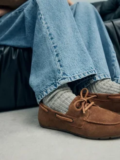 Next Tan Brown Extra Wide Fit Leather Round Toe Boat Shoes