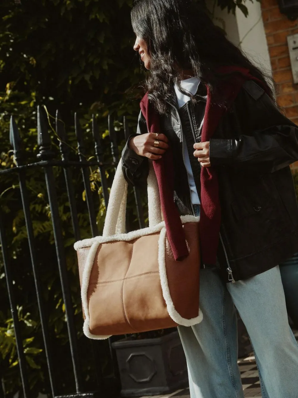 Next Tan Brown PU Borg Tote Bag^Women Bags