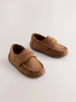 Next Tan Brown Standard Fit (F) Leather Penny Loafers with Touch and Close Fastening^ Shoes
