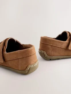 Next Tan Brown Wide Fit (G) Leather Penny Loafers with Touch and Close Fastening^ Shoes