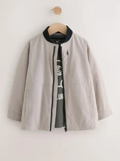 Next Taupe Bomber Shacket and T-Shirt Set 2 Piece (3mths-7yrs)^BOY Coats, Jackets & Pramsuits|Coats, Jackets & Pramsuits