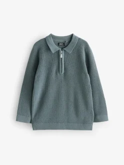 Online Next Long Sleeve Quarter Zip Knitted Polo Shirt (3mths-7yrs) Teal Blue