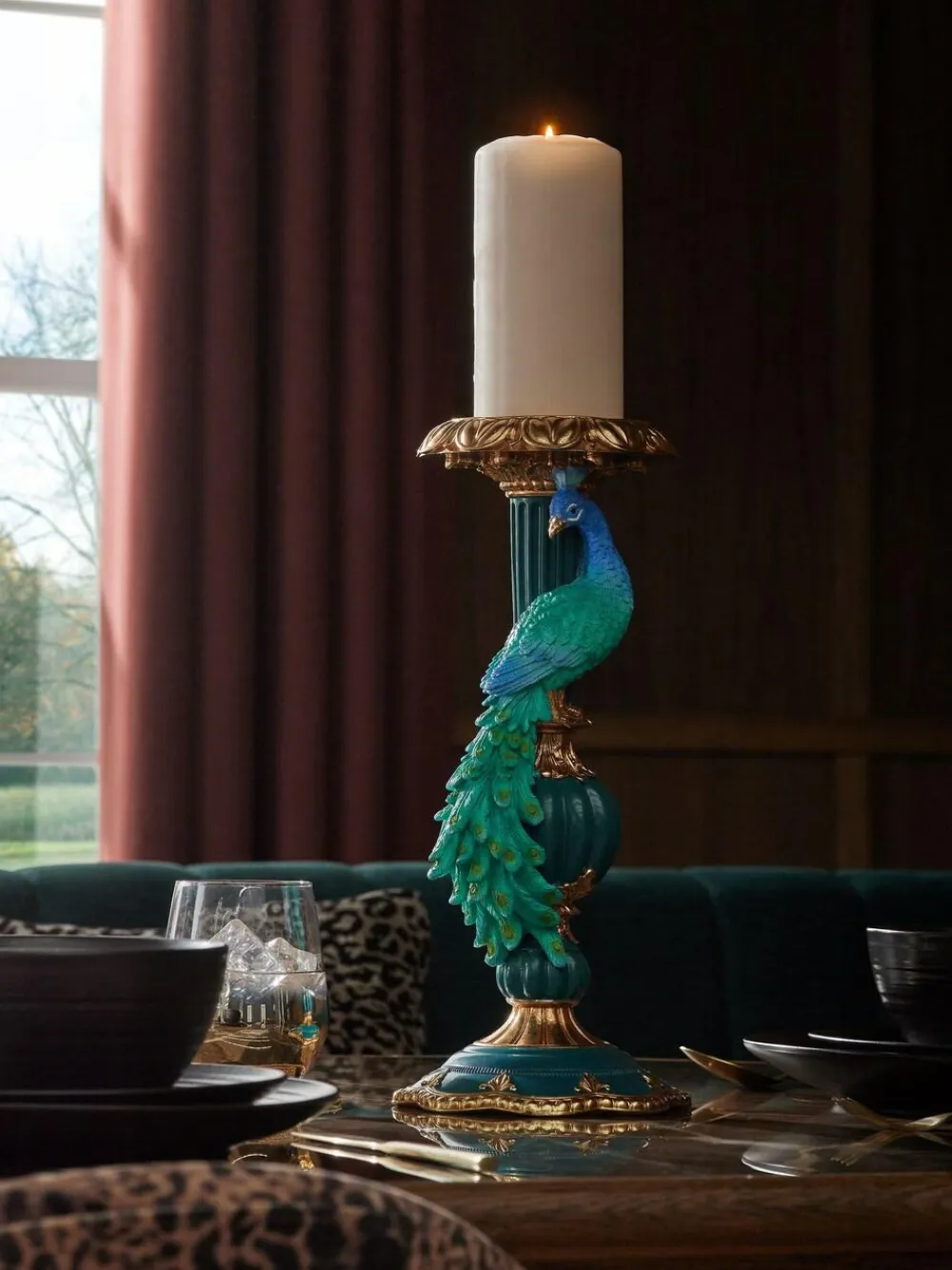 Next Teal Blue Peacock Candle Holder Pillar