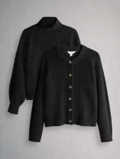 The Set 2 Pack High Neck Jumper/Cardigan Black Cable^Women Knitwear|Knitwear
