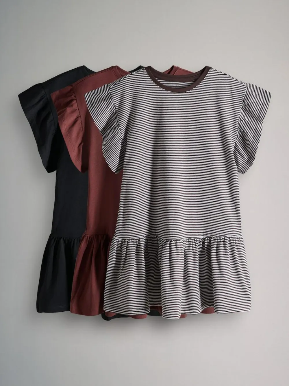 Online The Set Short Frill Sleeve Drop Waist Jersey Dresses 3 Pack Black/Brown Stripe/Red